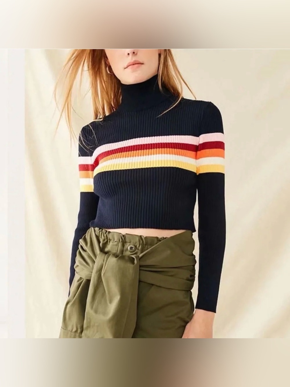 Urban Outfitters Ribbed Mock Neck Cropped Sweater Small Black Multicolor